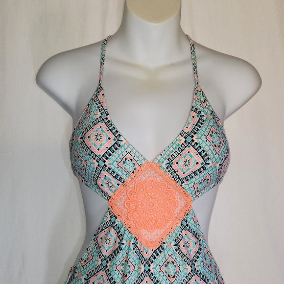 Xhilaration Monokoni Swimsuit Turquoise and Peach Medallion Pattern Sz Small - Picture 5 of 14